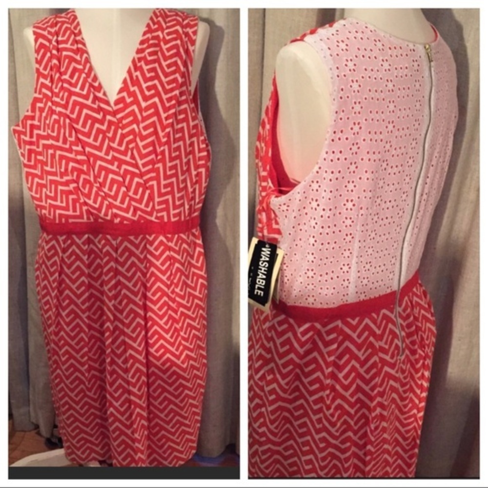 JULIAN TAYLOR Sleeveless V-Neck Midi w/ Eyelet Orange & White 16  NWT